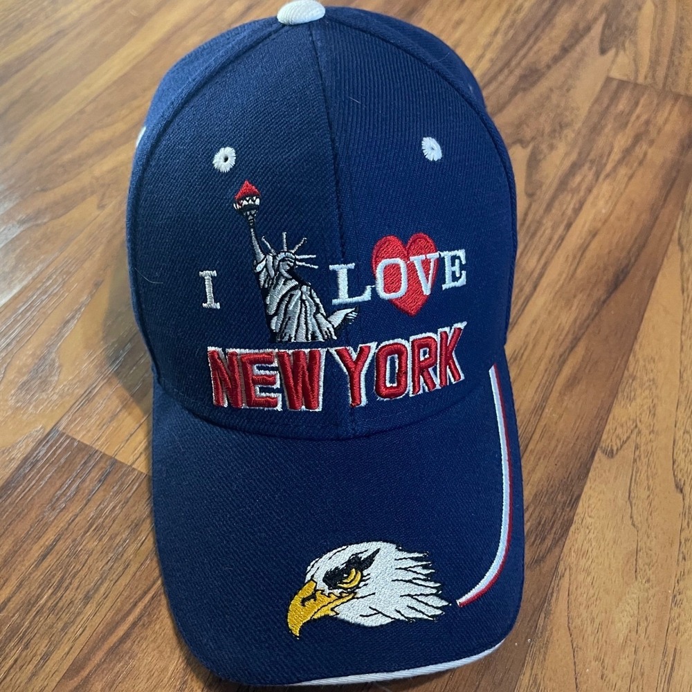 I Love New York Hat Mens OS Navy Blue Statue of Liberty Eagle USA Wool Blend Cap
